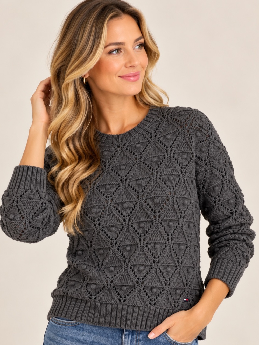 Tommy Hilfiger Gray Chunky Open Knit Pointelle Bobble Sweater L